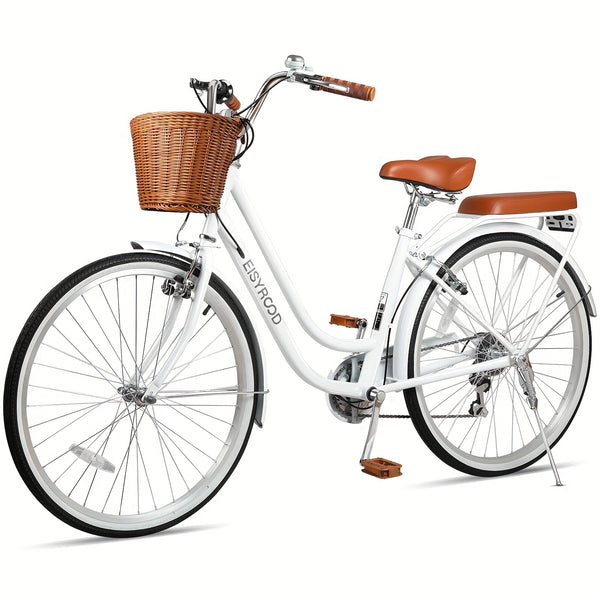 26-inch Adult Hybrid Commuter Bike with Basket - 7-Speed Bicycle