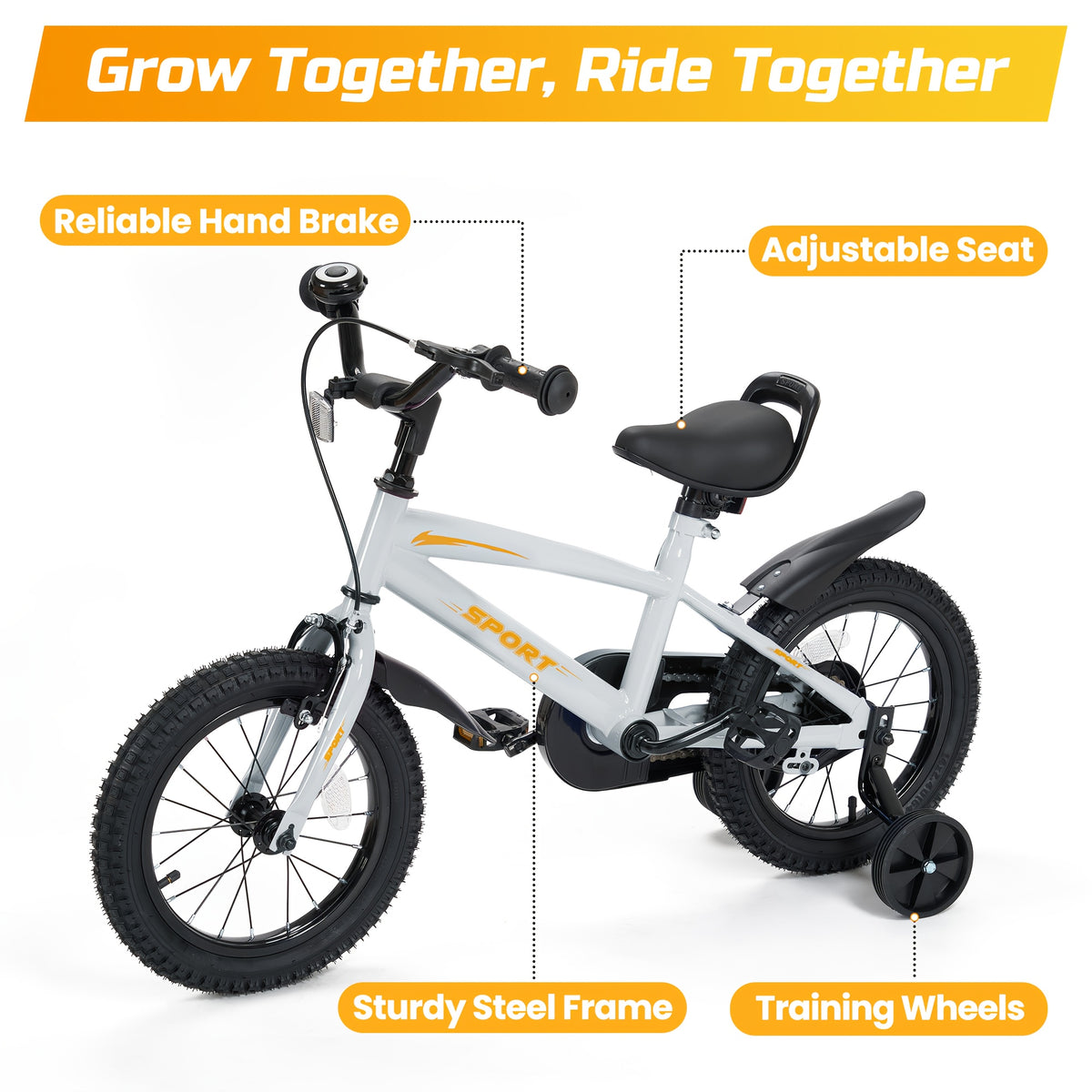 Grey and Orange 12\u002F14\u002F16 Inch Kids Bike with Training Wheels - Ideal Gift for Toddlers
