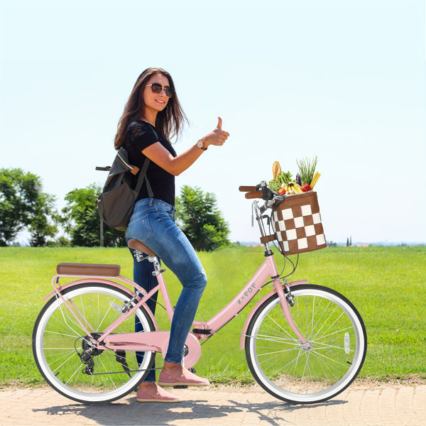 24-Inch Unisex Adult Bike with Front Basket & Lock, 7-Speed Aluminum City Bike, Low-Step Frame