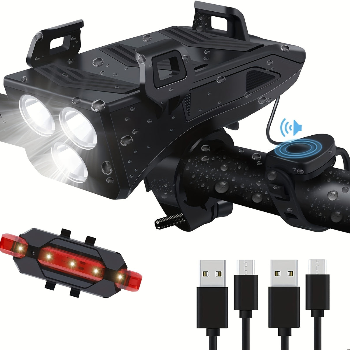 USB Rechargeable Bike Light Set - 3 LEDs, Front & Rear Lights, Power Bank, Horn