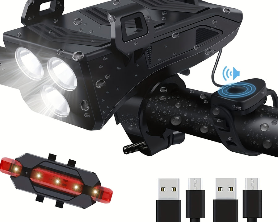 USB Rechargeable Bike Light Set - 3 LEDs, Front & Rear Lights, Power Bank, Horn