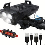 USB Rechargeable Bike Light Set - 3 LEDs, Front & Rear Lights, Power Bank, Horn