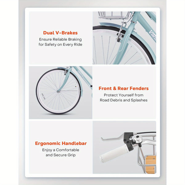 700C Womens Hybrid Bike Urban Commuter Bike 28-Inch, Mint Color, 7-Speed Hybrid with High-Carbon Steel Frame & V-Brakes