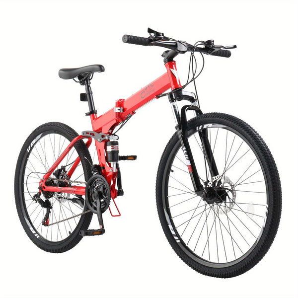 26in Folding Mountain Bike 21-Speed with Disc Brakes - High-Carbon Steel Frame, Alloy Steel Wheels