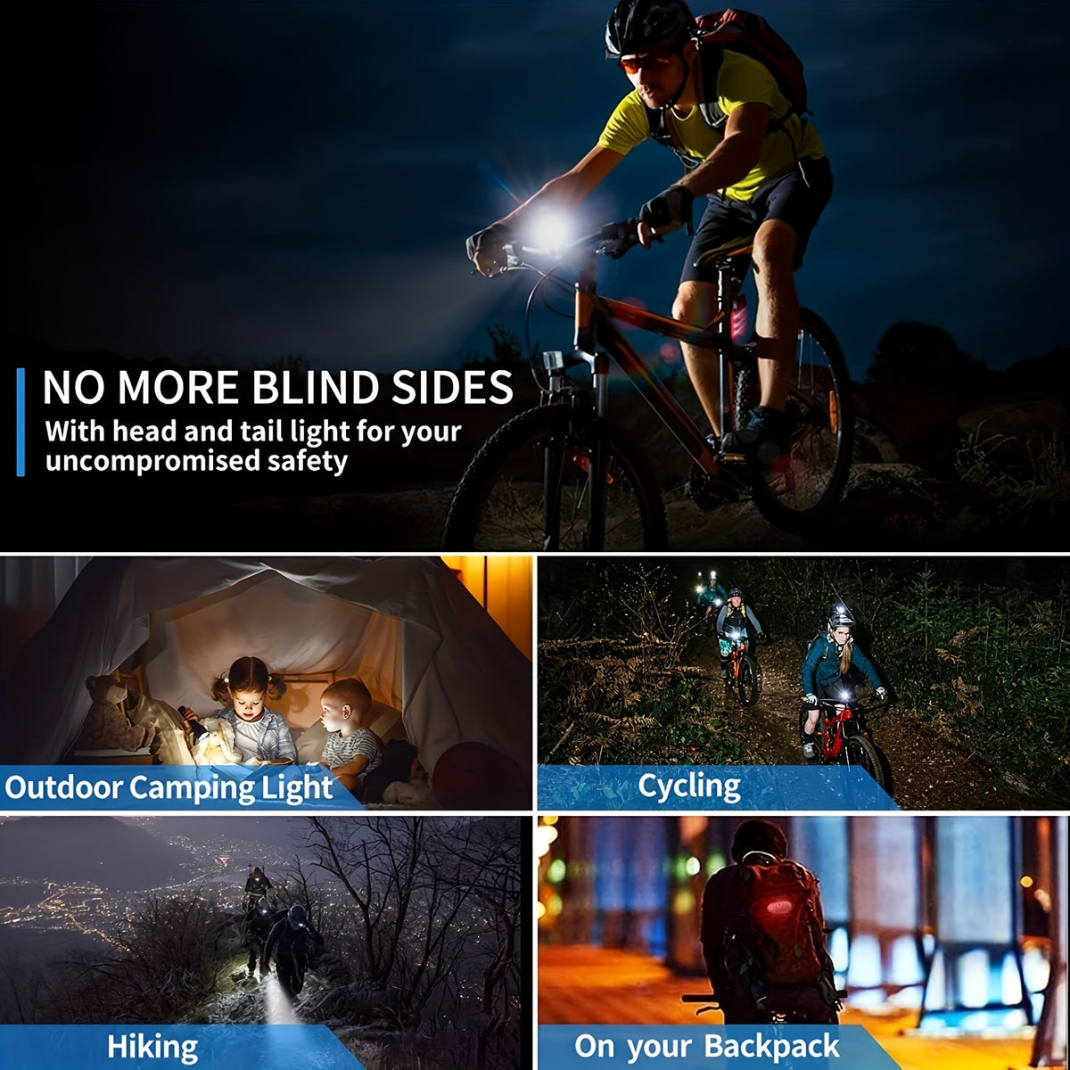 USB Rechargeable Bike Light Set - 3 LEDs, Front & Rear Lights, Power Bank, Horn