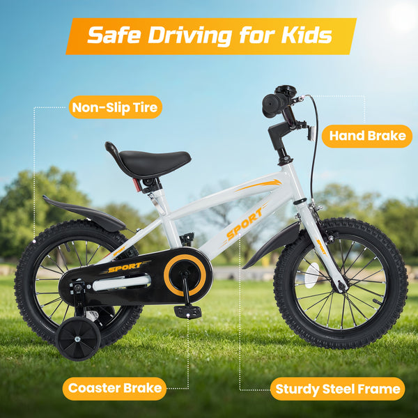 Grey and Orange 12\u002F14\u002F16 Inch Kids Bike with Training Wheels - Ideal Gift for Toddlers