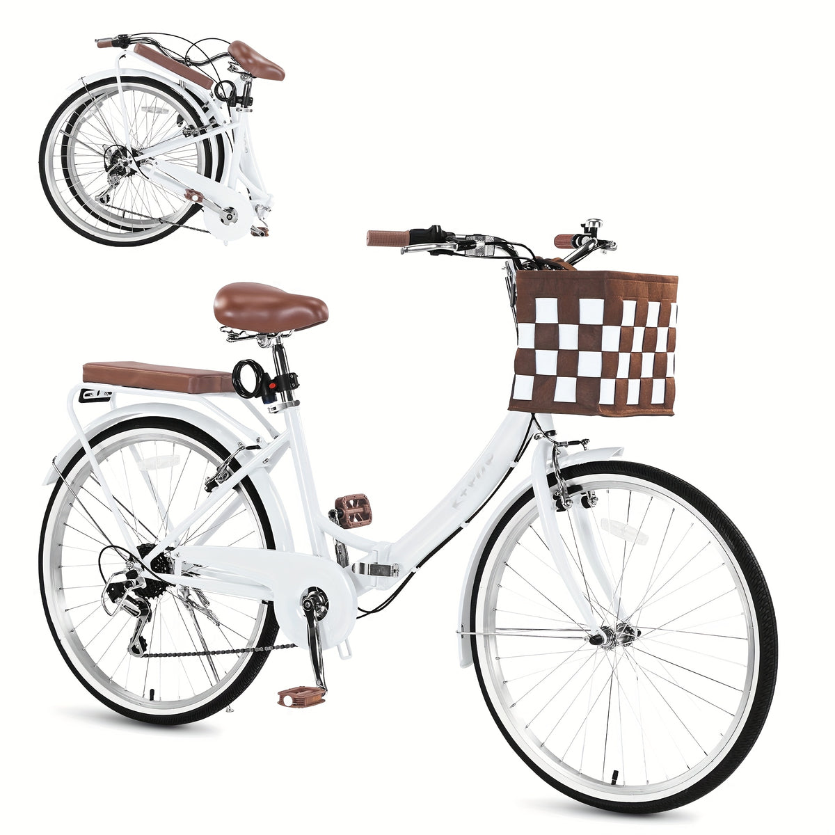 24-Inch Unisex Adult Bike with Front Basket & Lock, 7-Speed Aluminum City Bike, Low-Step Frame