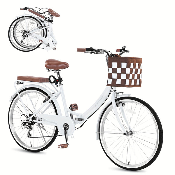 24-Inch Unisex Adult Bike with Front Basket & Lock, 7-Speed Aluminum City Bike, Low-Step Frame