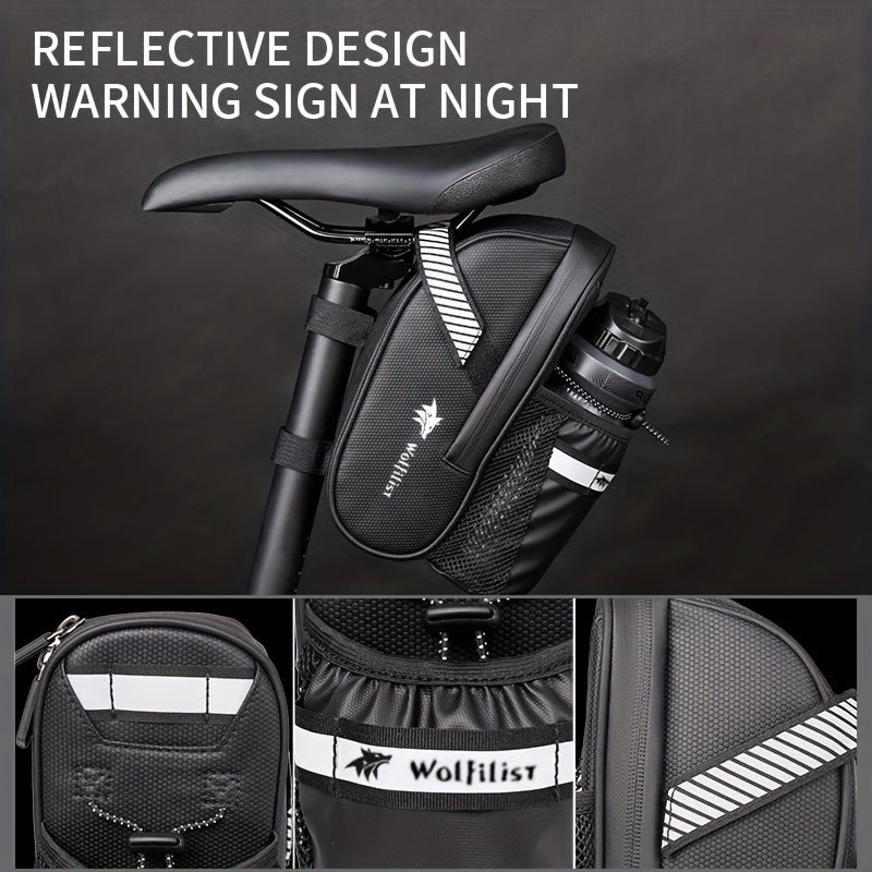 Large Capacity High Quality Bike Saddle Bag with Reflective Strips, Adjustable Strap & Mesh Pocket - Black