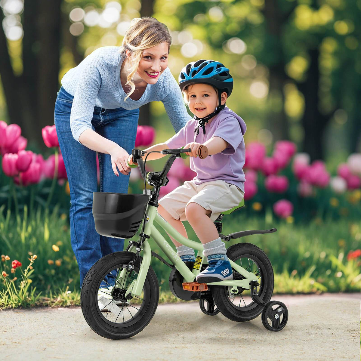 LIFEZEAL 12-Inch Bicycle Featuring Training Wheels, Adjustable Handlebars And Seat, And a Handbrake.