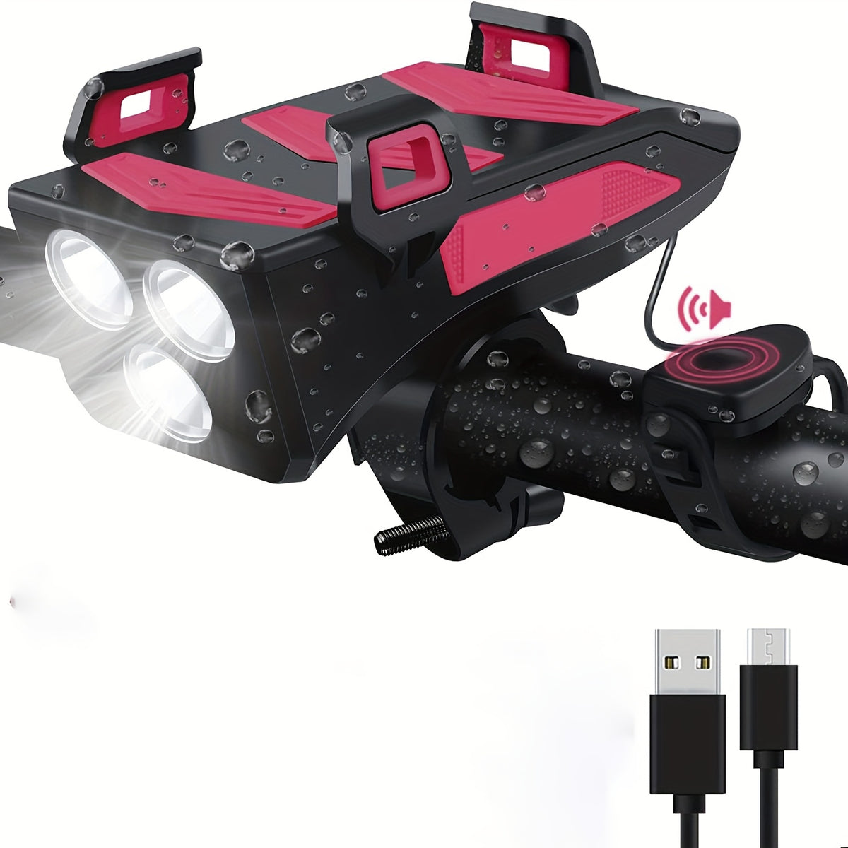 USB Rechargeable Bike Light Set - 3 LEDs, Front & Rear Lights, Power Bank, Horn