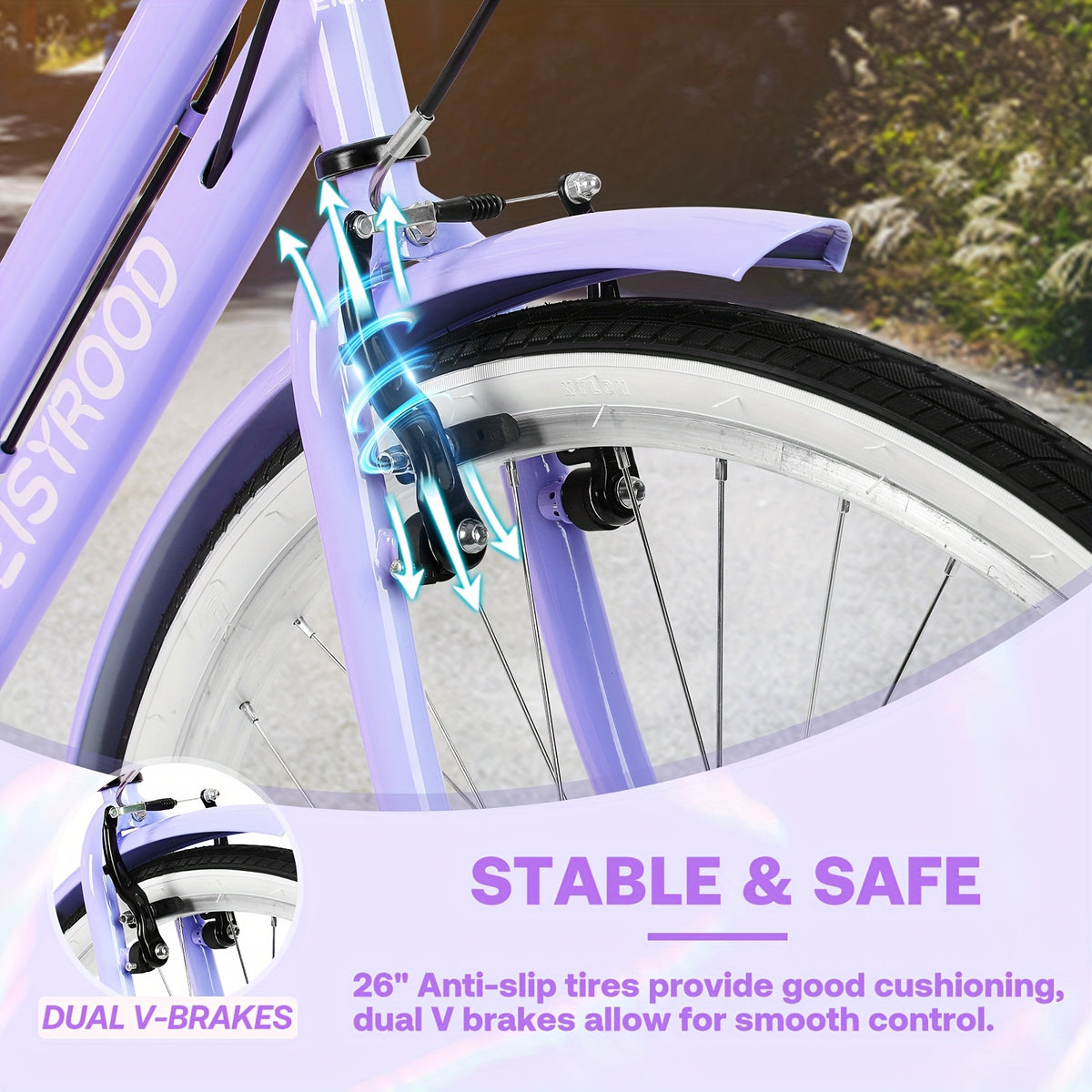 26-inch Urban Beach Bike, Bike With Basket, 7-speed Hybrid Commuter Bike With Cushioning, V-brakes