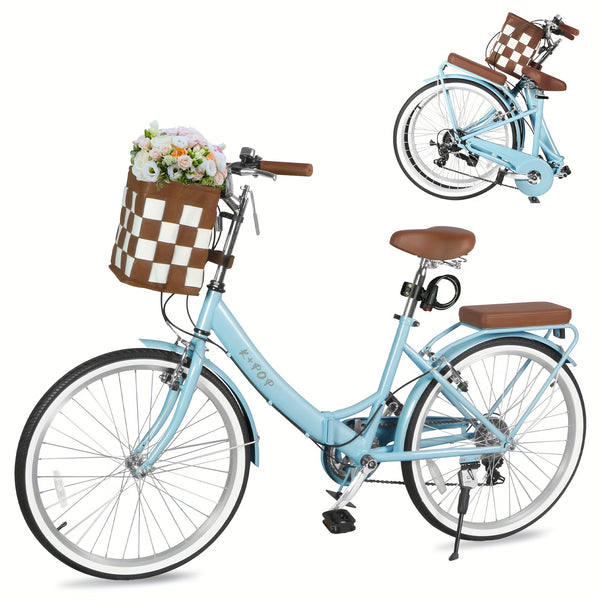 24-Inch Unisex Adult Bike with Front Basket & Lock, 7-Speed Aluminum City Bike, Low-Step Frame