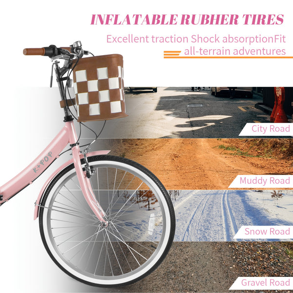 24-Inch Unisex Adult Bike with Front Basket & Lock, 7-Speed Aluminum City Bike, Low-Step Frame