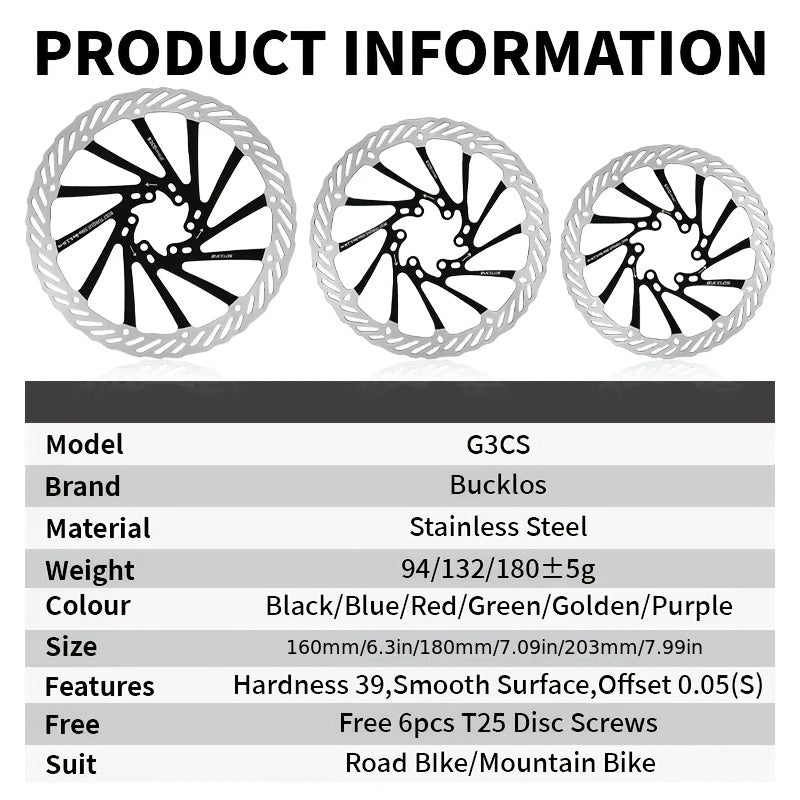 BUCKLOS G3 Bicycle Brake Rotors, 2pcs, 160\u002F180\u002F203mm, Stainless Steel, MTB Disc Brakes