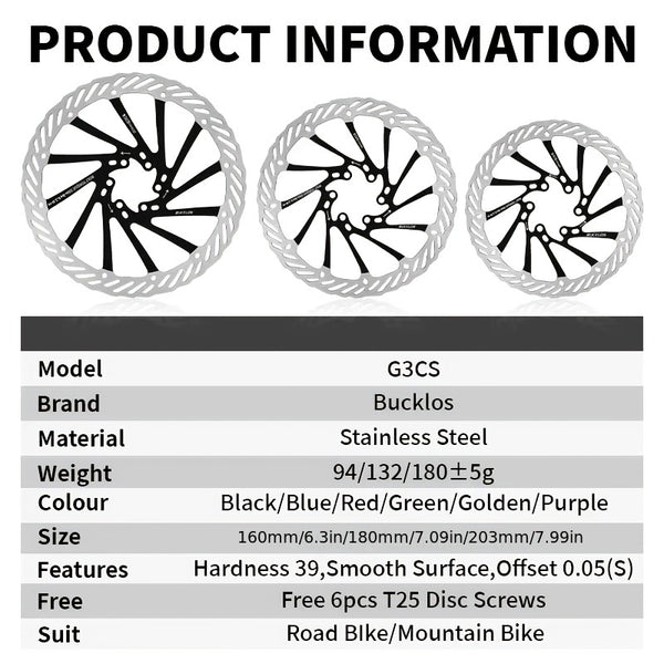 BUCKLOS G3 Bicycle Brake Rotors, 2pcs, 160\u002F180\u002F203mm, Stainless Steel, MTB Disc Brakes