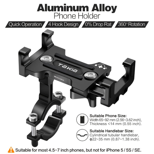 Tiakia Aluminum Alloy Bike Phone Mount, 360° Rotatable Universal Motorcycle Handlebar Phone Holder