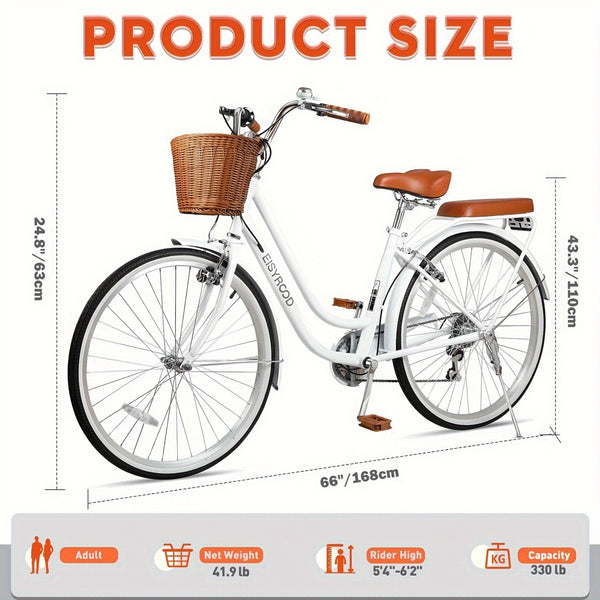 26-inch Adult Hybrid Commuter Bike with Basket - 7-Speed Bicycle