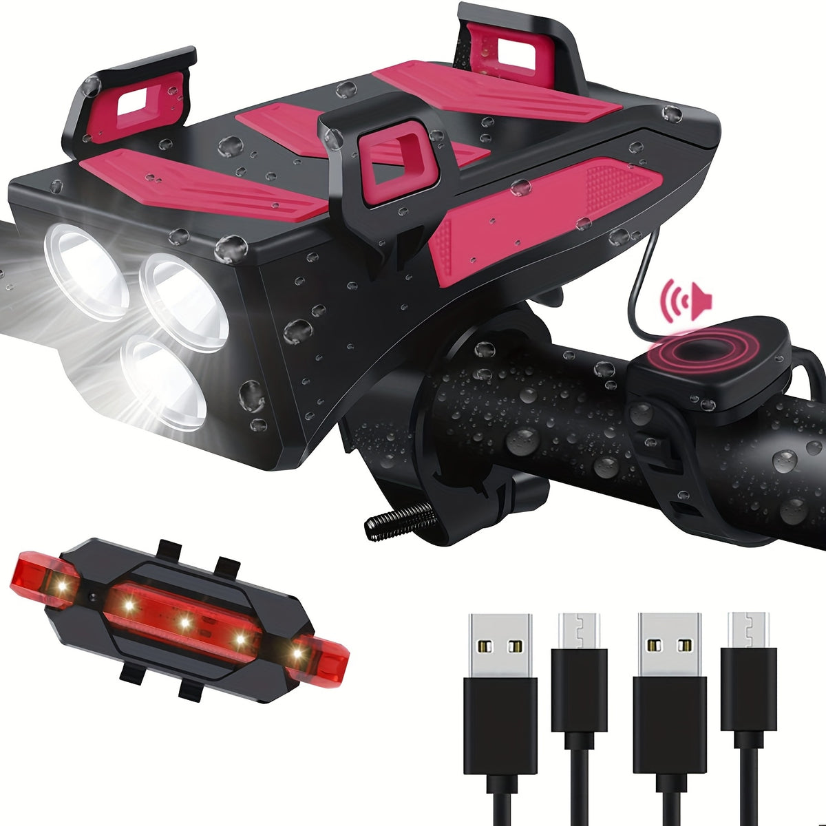 USB Rechargeable Bike Light Set - 3 LEDs, Front & Rear Lights, Power Bank, Horn