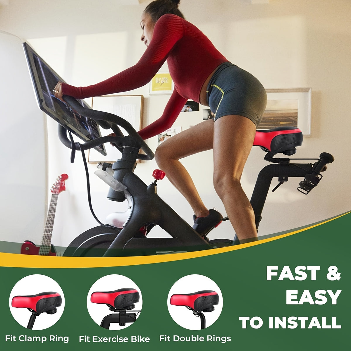 1pc Ergonomic Bike with Double Shock-Absorbing Balls & Memory Foam - Wide Design, & Black Dual-Pad System