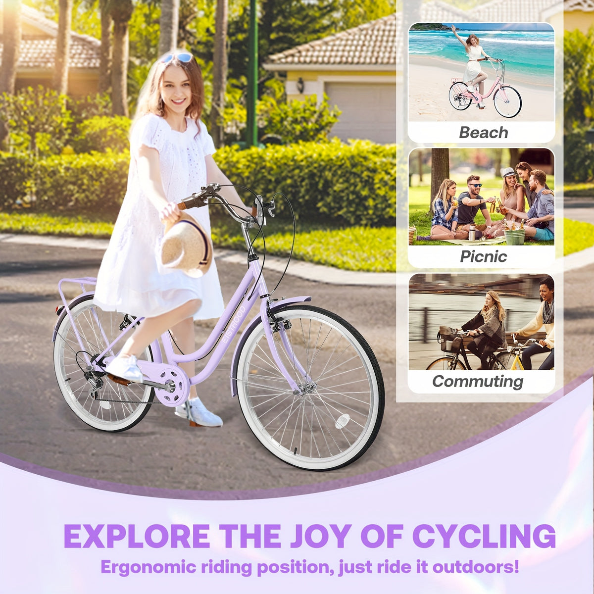 26-inch Urban Beach Bike, Bike With Basket, 7-speed Hybrid Commuter Bike With Cushioning, V-brakes