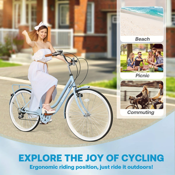 26-inch Urban Beach Bike, Bike With Basket, 7-speed Hybrid Commuter Bike With Cushioning, V-brakes