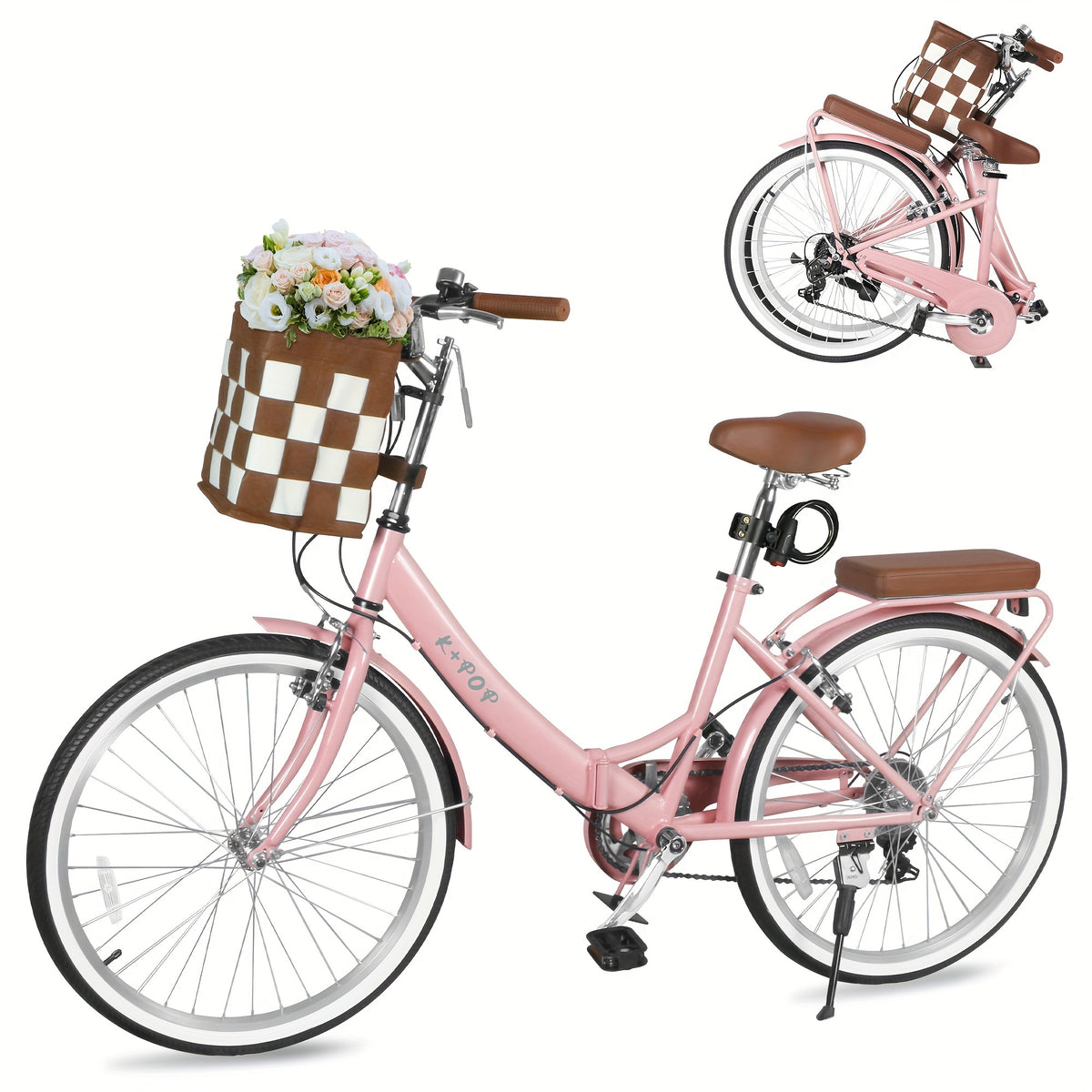 24-Inch Unisex Adult Bike with Front Basket & Lock, 7-Speed Aluminum City Bike, Low-Step Frame