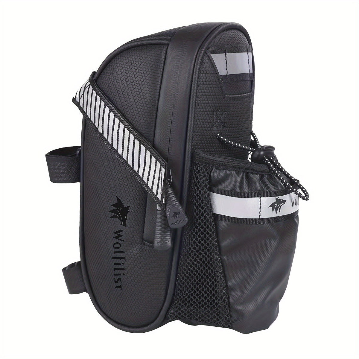 Large Capacity High Quality Bike Saddle Bag with Reflective Strips, Adjustable Strap & Mesh Pocket - Black