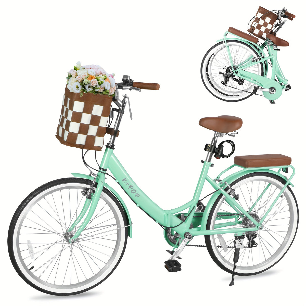 24-Inch Unisex Adult Bike with Front Basket & Lock, 7-Speed Aluminum City Bike, Low-Step Frame