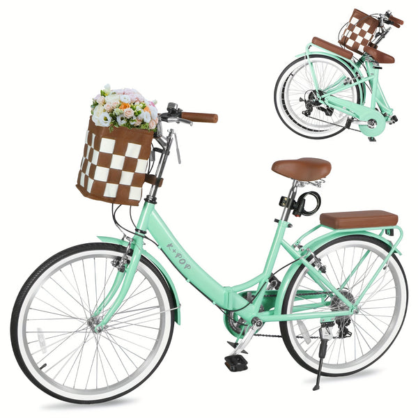 24-Inch Unisex Adult Bike with Front Basket & Lock, 7-Speed Aluminum City Bike, Low-Step Frame