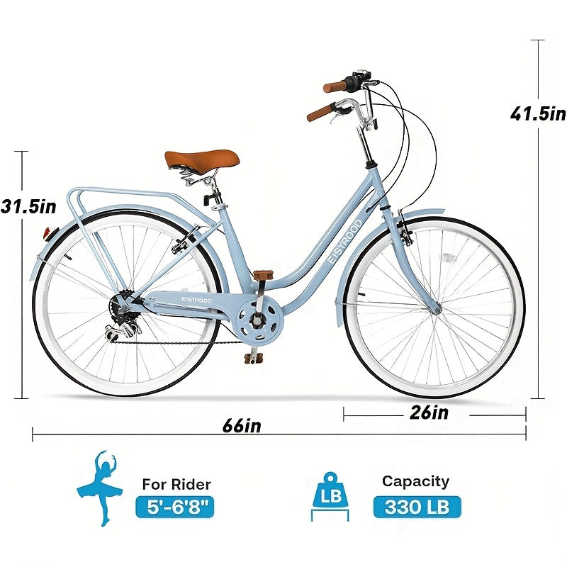 26-inch Urban Beach Bike, Bike With Basket, 7-speed Hybrid Commuter Bike With Cushioning, V-brakes