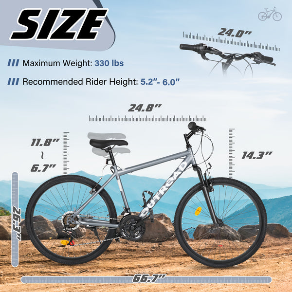 Hardtail Mountain Bike, Heavy-Duty Aluminum Construction, 7-Speed Drivetrain with V-Brakes & Disc Brakes