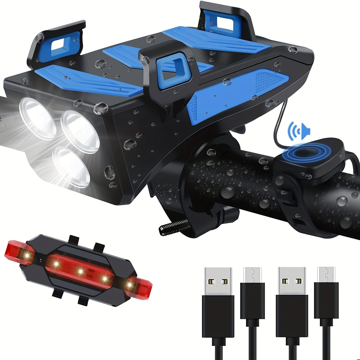 USB Rechargeable Bike Light Set - 3 LEDs, Front & Rear Lights, Power Bank, Horn