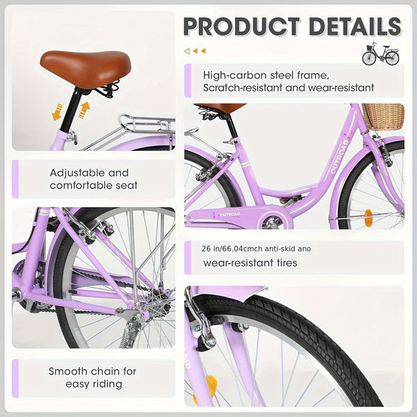 24\u002F26- Inch Beach Cruiser Bike For Women, Commute Bike With Adjustable Seat