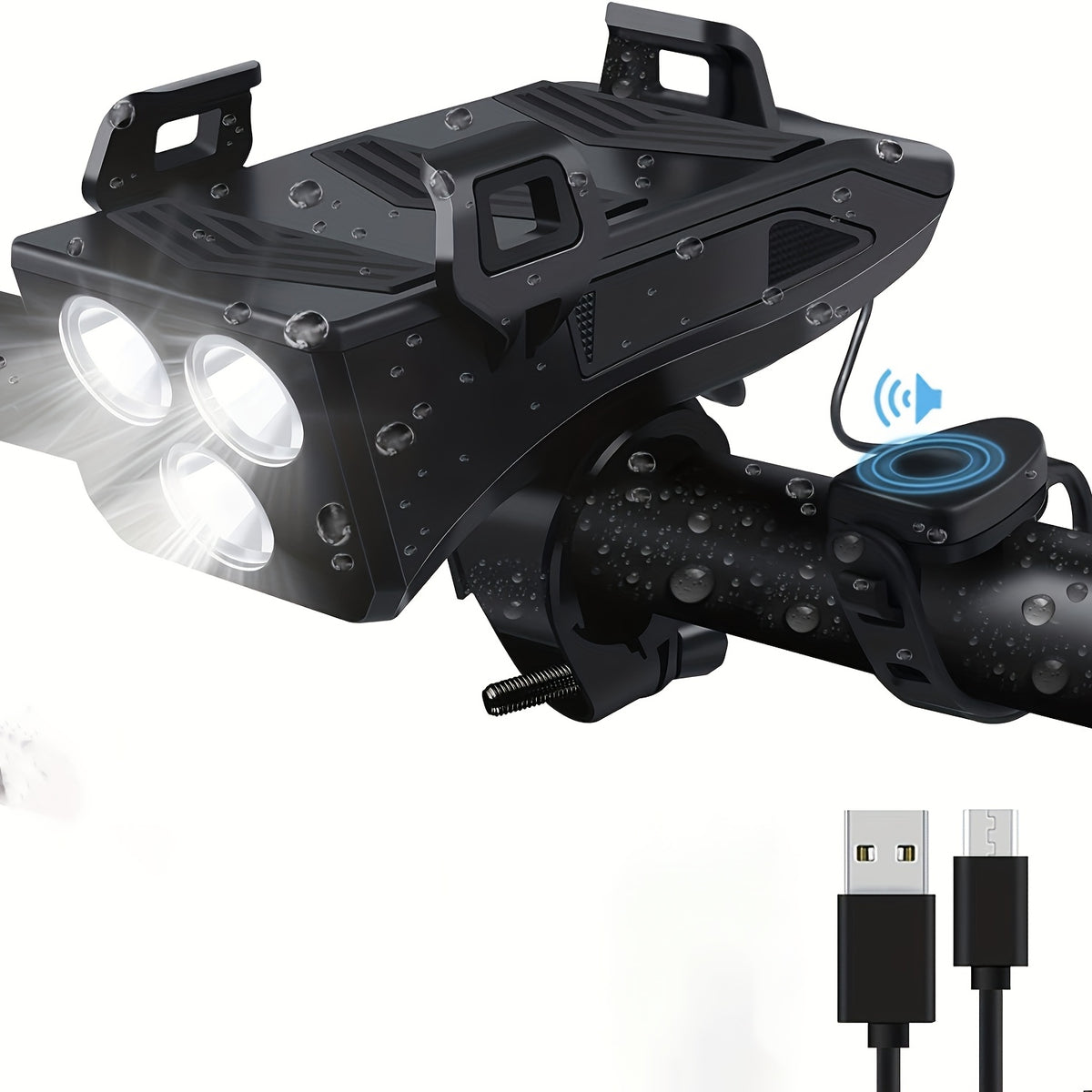 USB Rechargeable Bike Light Set - 3 LEDs, Front & Rear Lights, Power Bank, Horn