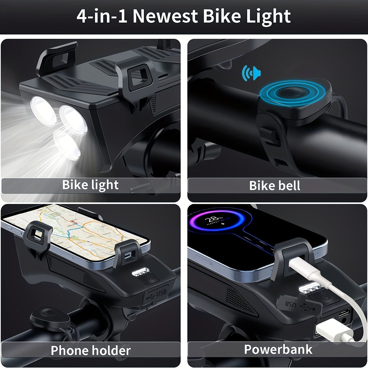 USB Rechargeable Bike Light Set - 3 LEDs, Front & Rear Lights, Power Bank, Horn