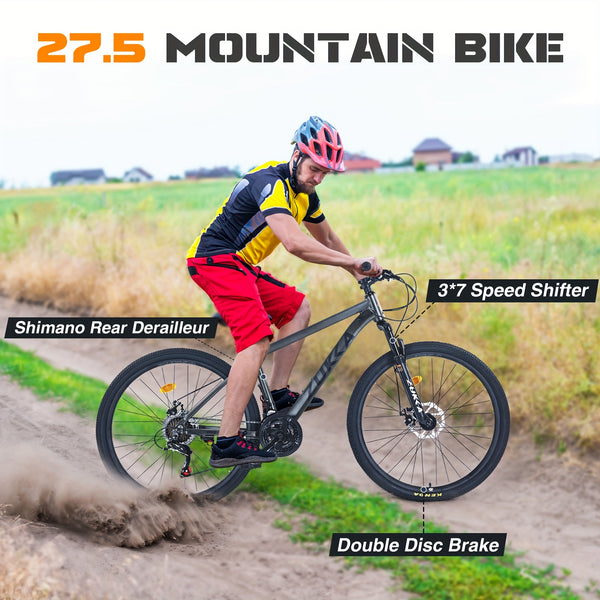 27.5 Inch Wheels 21 Speed Mountain Bike, for Men Women Adult, Front Suspension, Aluminum Alloy Frame
