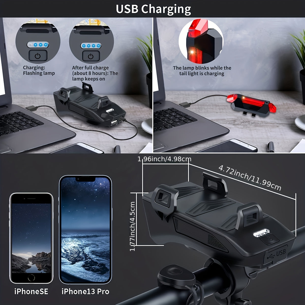 USB Rechargeable Bike Light Set - 3 LEDs, Front & Rear Lights, Power Bank, Horn