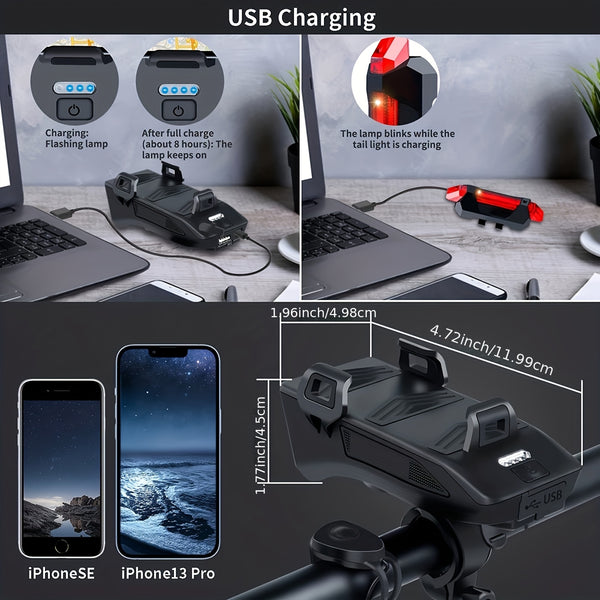 USB Rechargeable Bike Light Set - 3 LEDs, Front & Rear Lights, Power Bank, Horn
