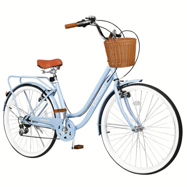 26-inch Urban Beach Bike, Bike With Basket, 7-speed Hybrid Commuter Bike With Cushioning, V-brakes