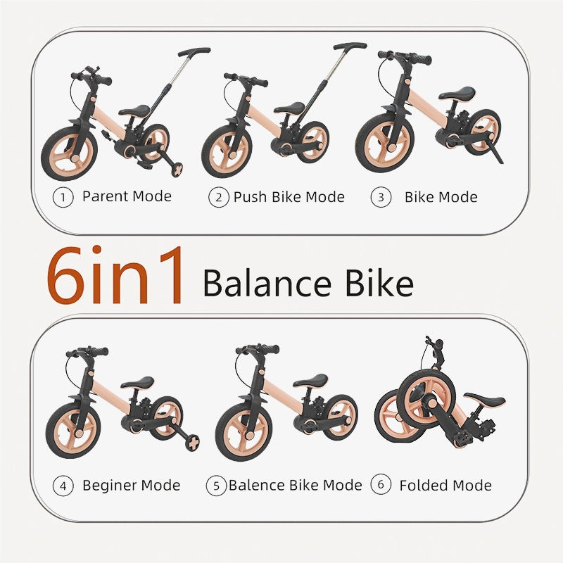 Pink 6-in-1 Balance Bike for Kids - Carbon Fiber Wheels, No Brakes Needed, Lightweight & Durable Design