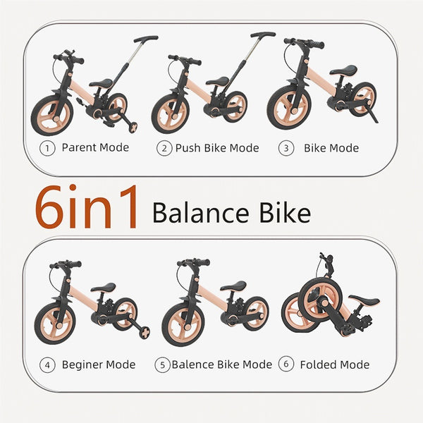 Pink 6-in-1 Balance Bike for Kids - Carbon Fiber Wheels, No Brakes Needed, Lightweight & Durable Design