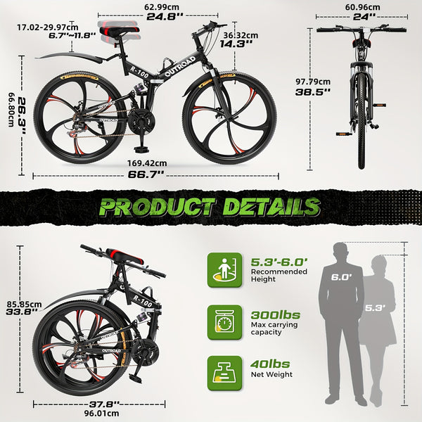 26 Inch Adult Folding Bikes\u002FMountain Bikes, 21 Speeds Mountain Bicycles with Full Suspension