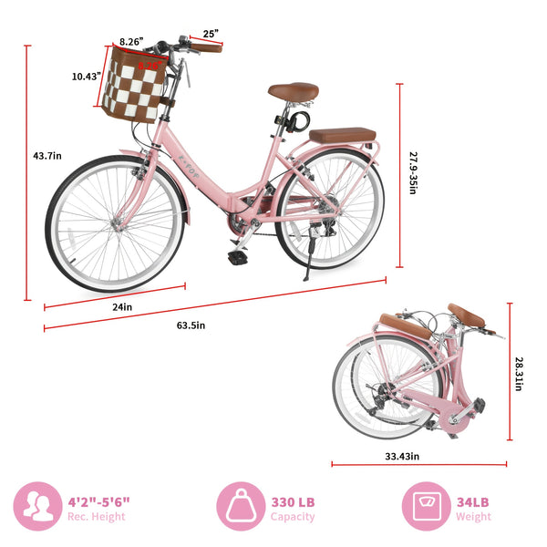 24-Inch Unisex Adult Bike with Front Basket & Lock, 7-Speed Aluminum City Bike, Low-Step Frame