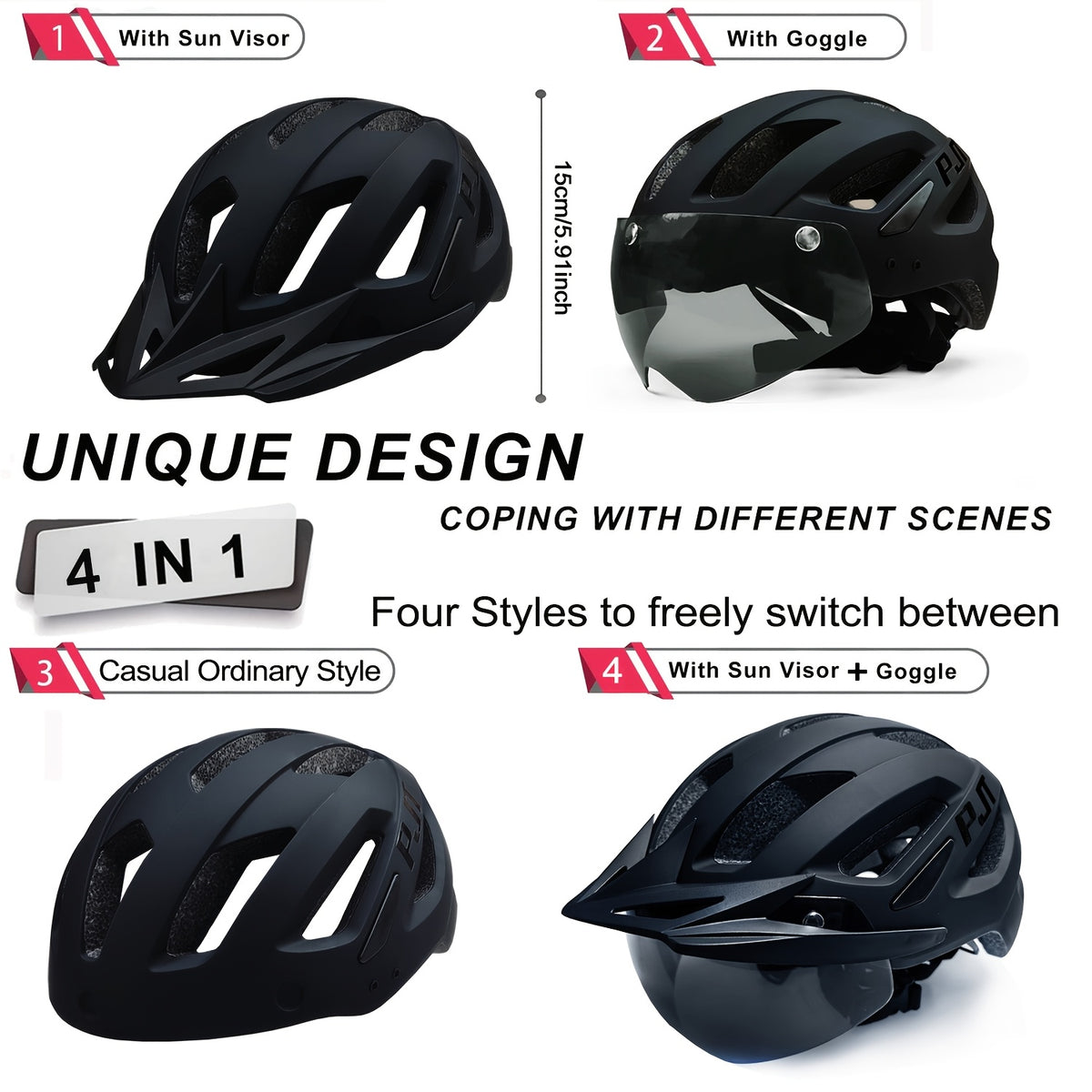 4-in-1 Bike Helmet PJT 4-in-1 Lightweight Bike Helmet | Detachable Visor & Shade, Adjustable Fit