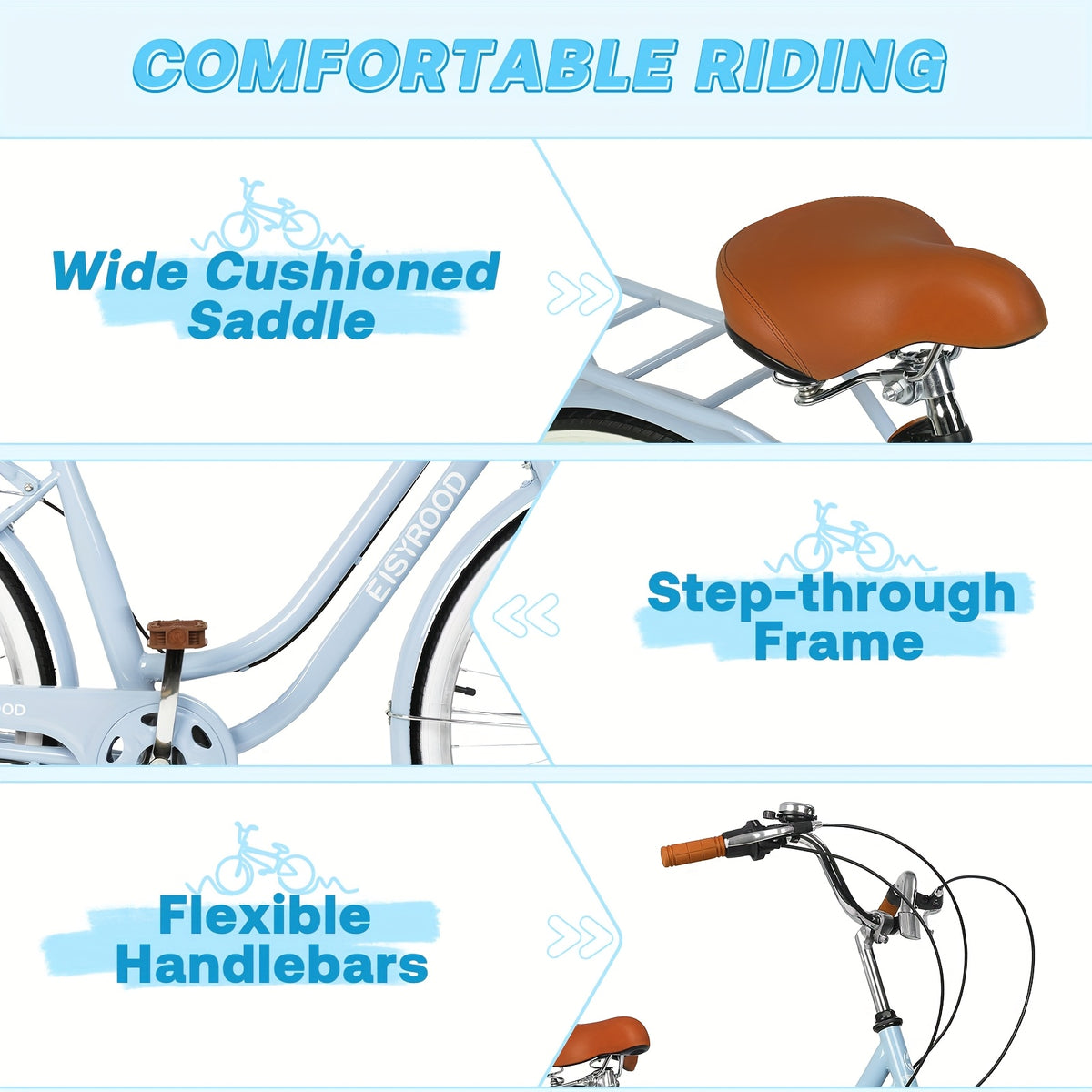 26-inch Urban Beach Bike, Bike With Basket, 7-speed Hybrid Commuter Bike With Cushioning, V-brakes