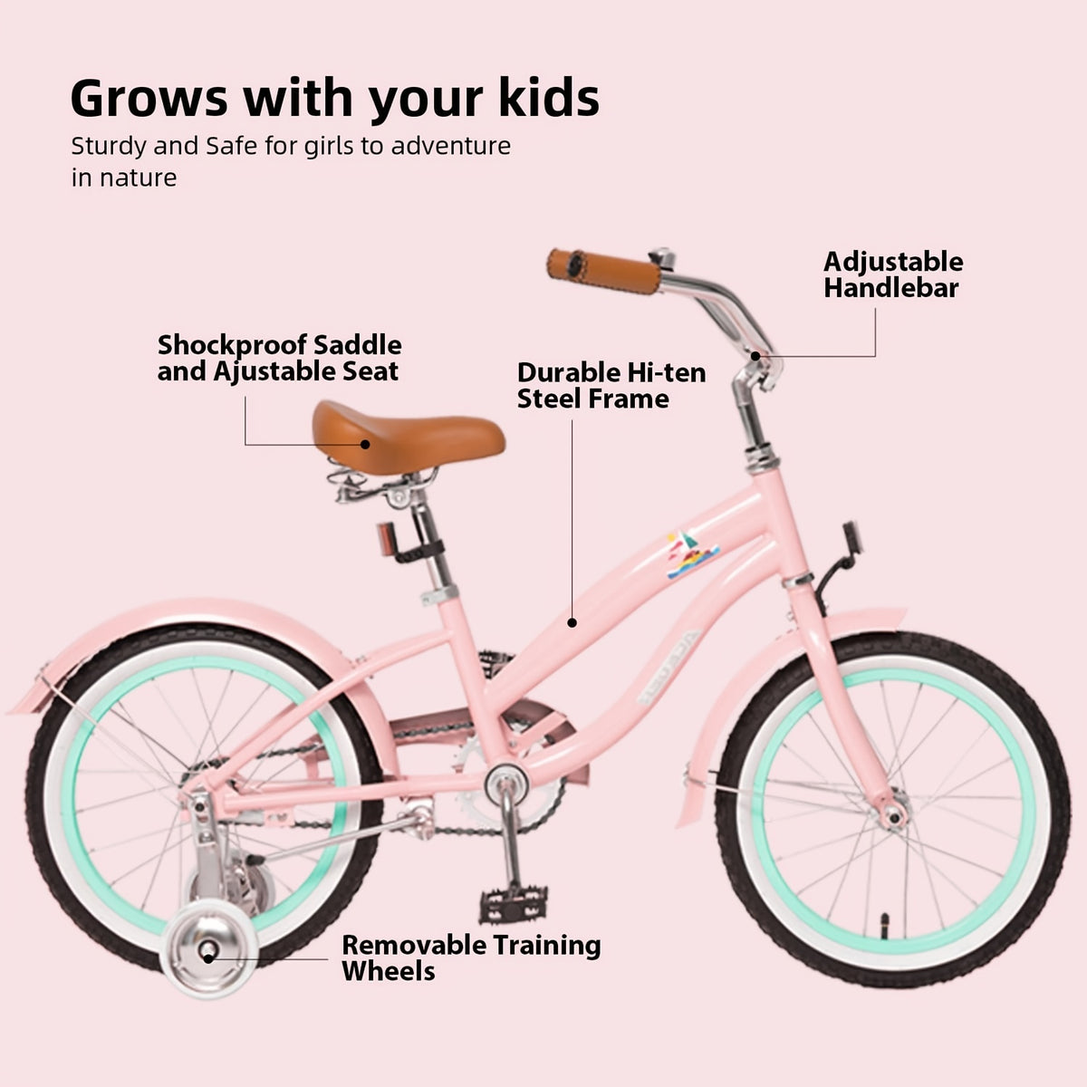 ACEGER Girls Cruiser Bike - Pastel Pink, Girls Bicycle with Dual brakes (16\