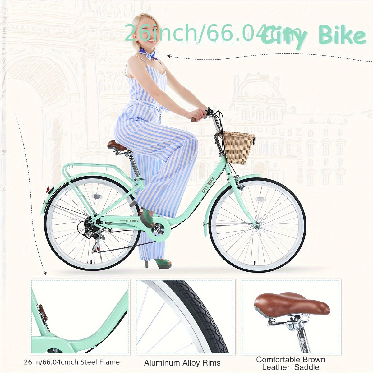 26 Inch Cruiser Bike for Adult, 7 Speeds City Bicycle with Front Basket, Rear Rack, for Women, Female