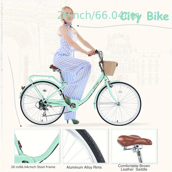 26 Inch Cruiser Bike for Adult, 7 Speeds City Bicycle with Front Basket, Rear Rack, for Women, Female
