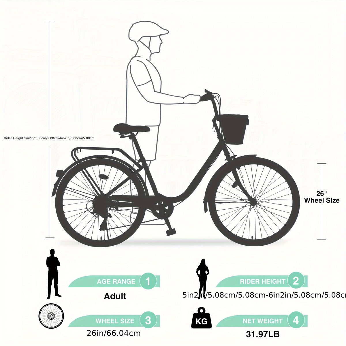 26 Inch Cruiser Bike for Adult, 7 Speeds City Bicycle with Front Basket, Rear Rack, for Women, Female